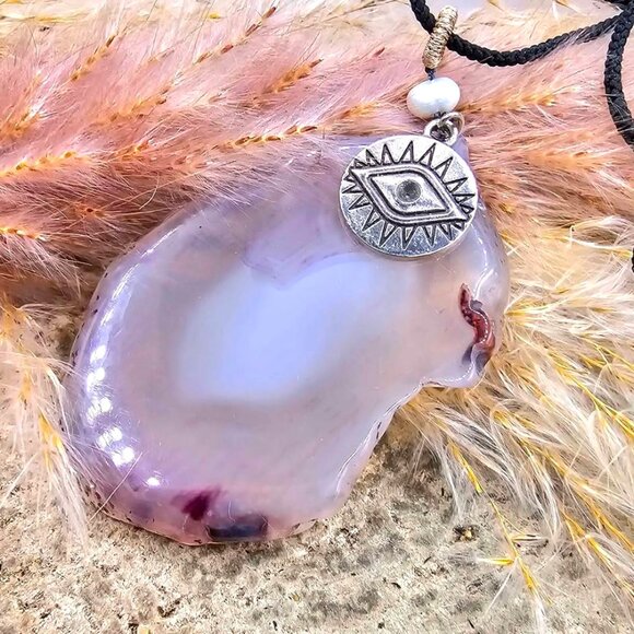 Nature Purple Agate Slice With Evil Eye Charm Pendant Necklace - Picture 11 of 11